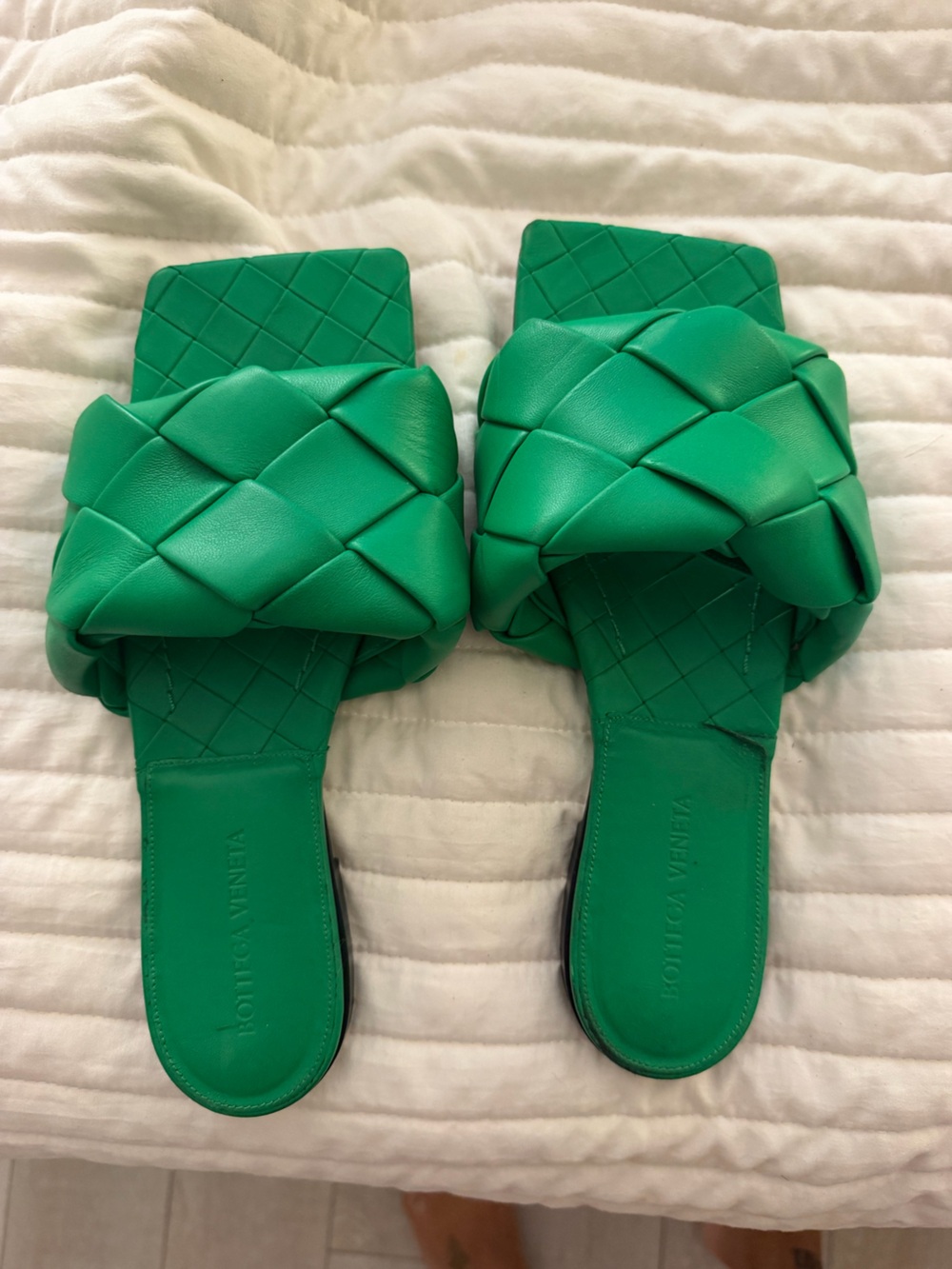 Bottega Veneta Green Intrecciato Slide Sandals